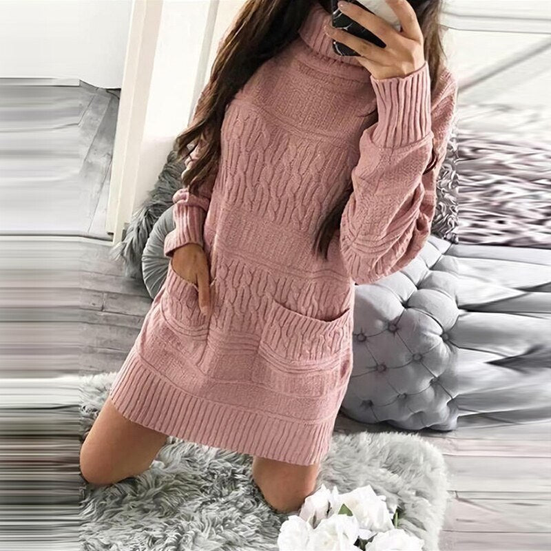 Casual Front Pockets Knitted Sweater Dress