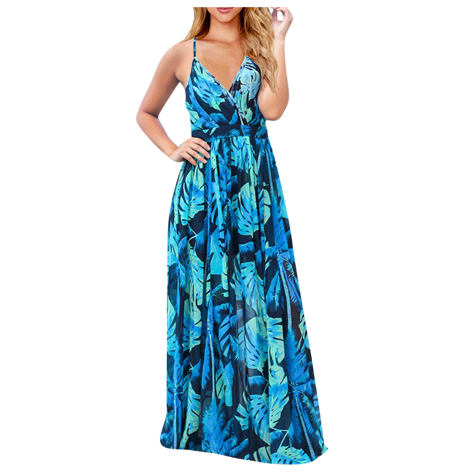 Casual Spaghetti Straps Tropical Boho Floral Print Backless Maxi Dress