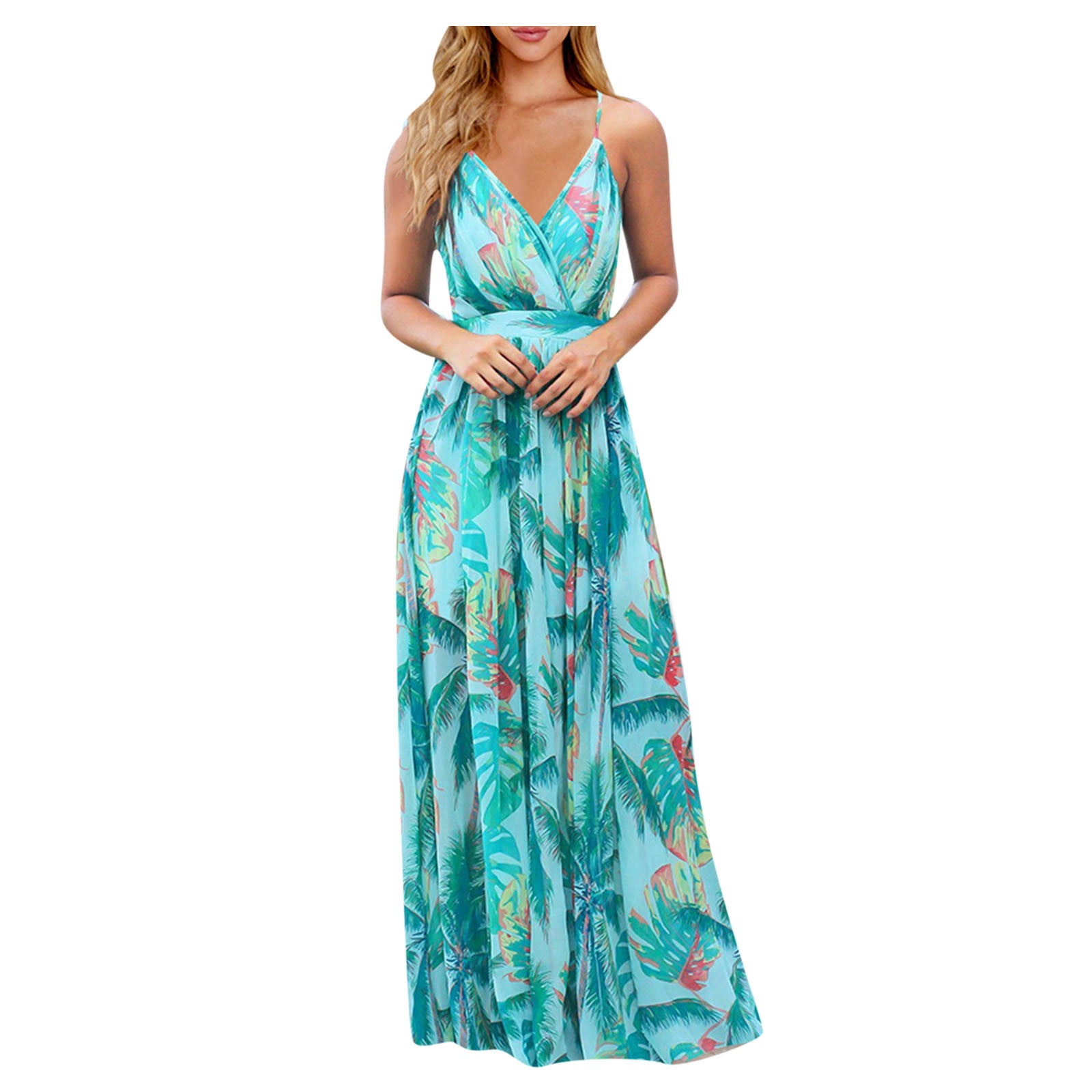 Casual Spaghetti Straps Tropical Boho Floral Print Backless Maxi Dress