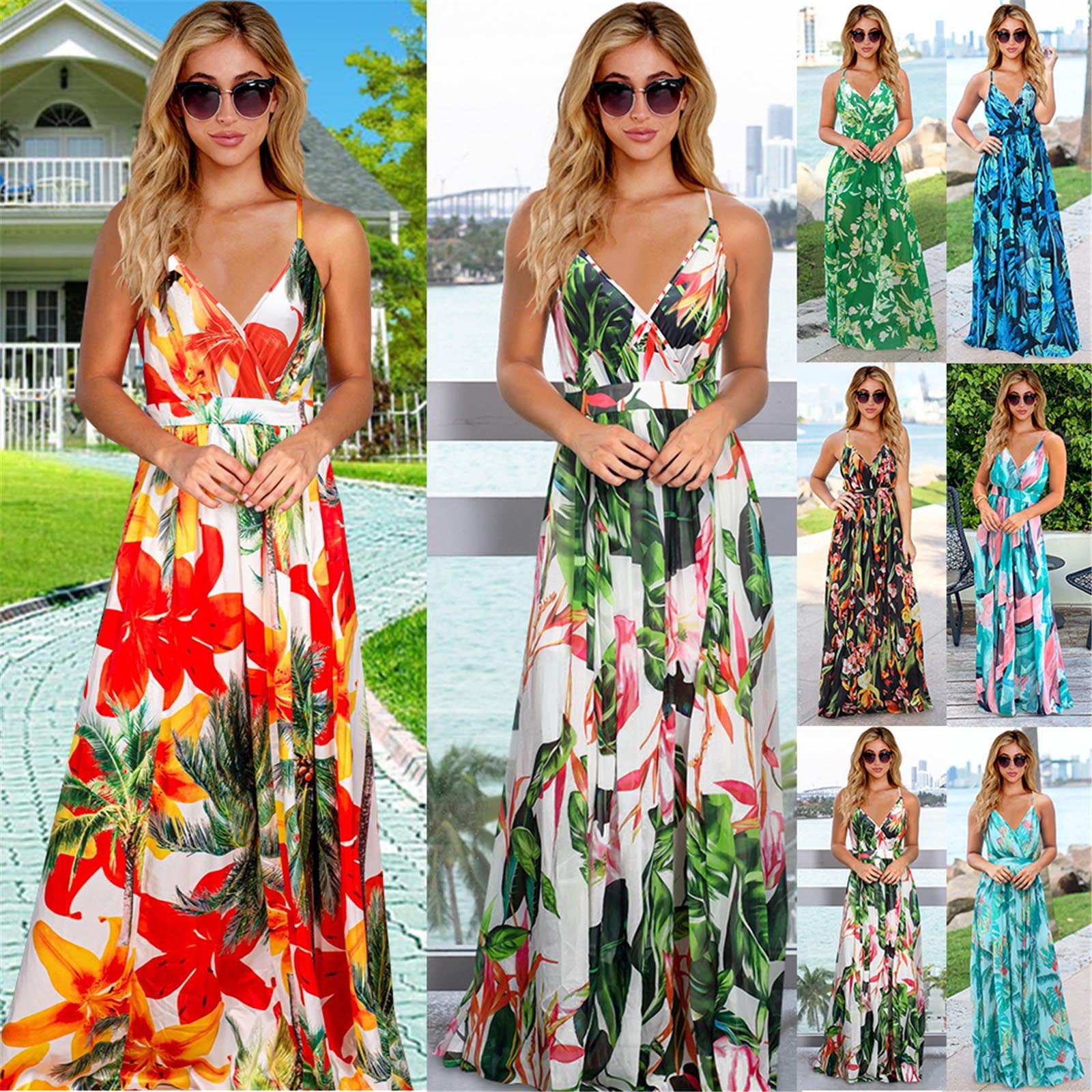 Casual Spaghetti Straps Tropical Boho Floral Print Backless Maxi Dress