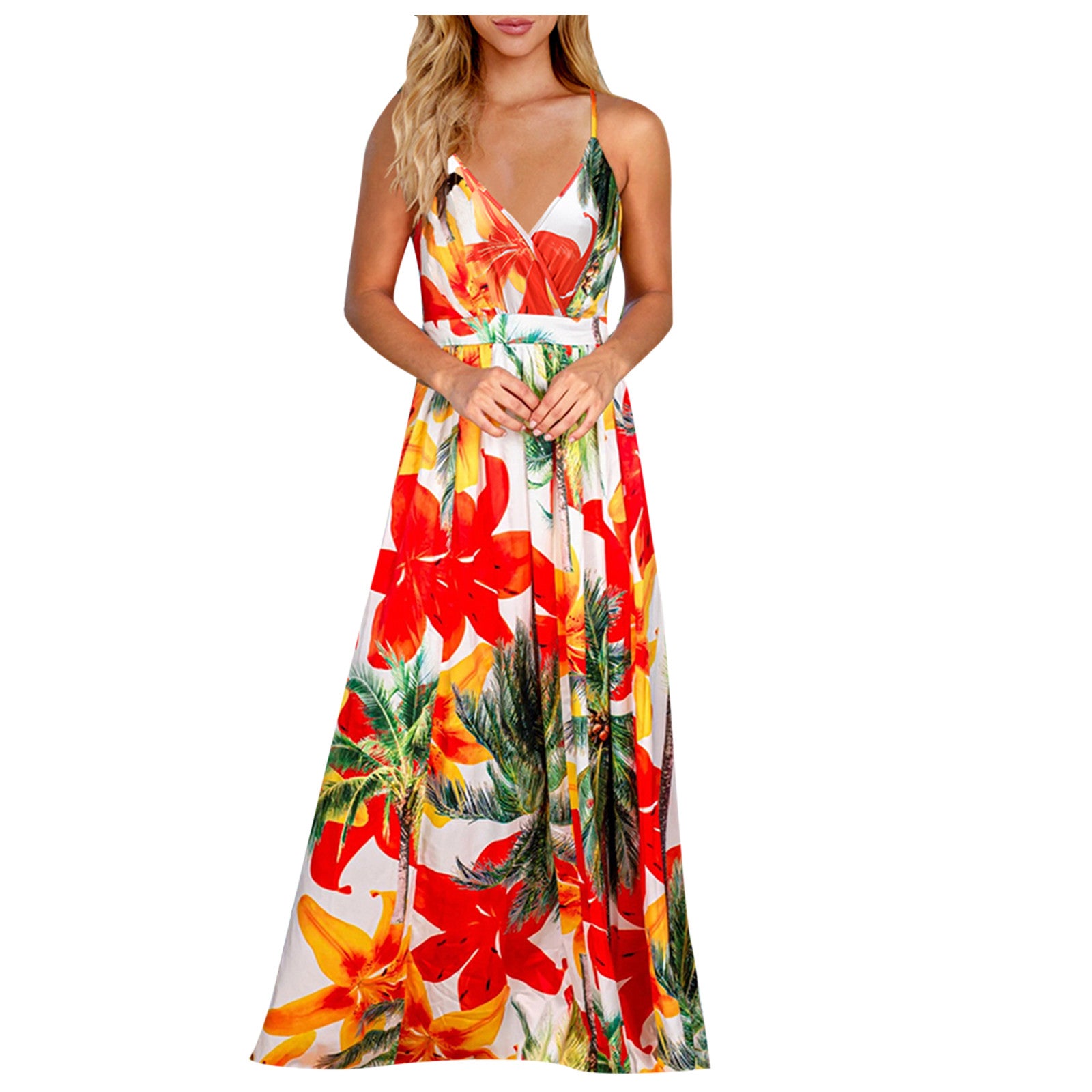 Casual Spaghetti Straps Tropical Boho Floral Print Backless Maxi Dress