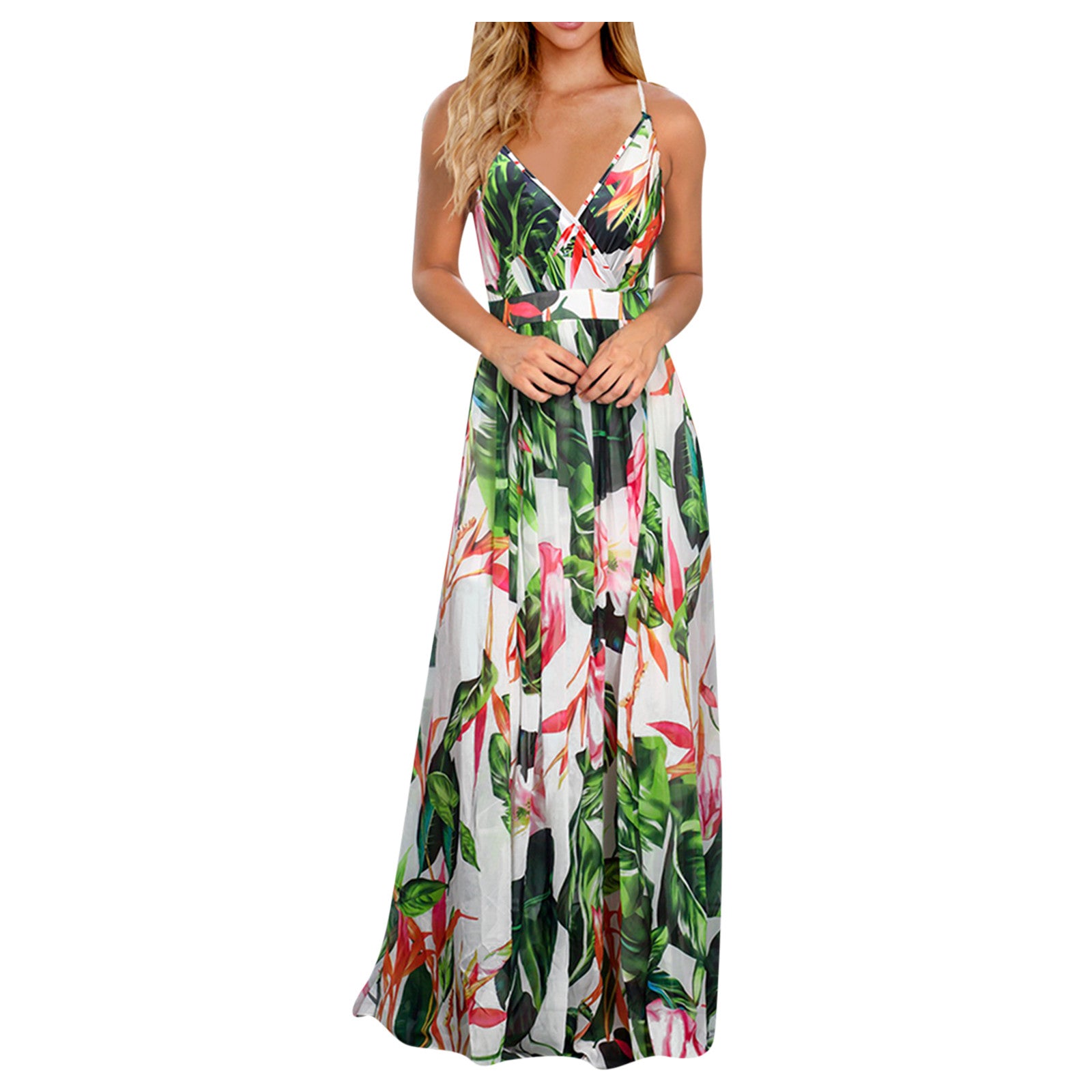 Casual Spaghetti Straps Tropical Boho Floral Print Backless Maxi Dress