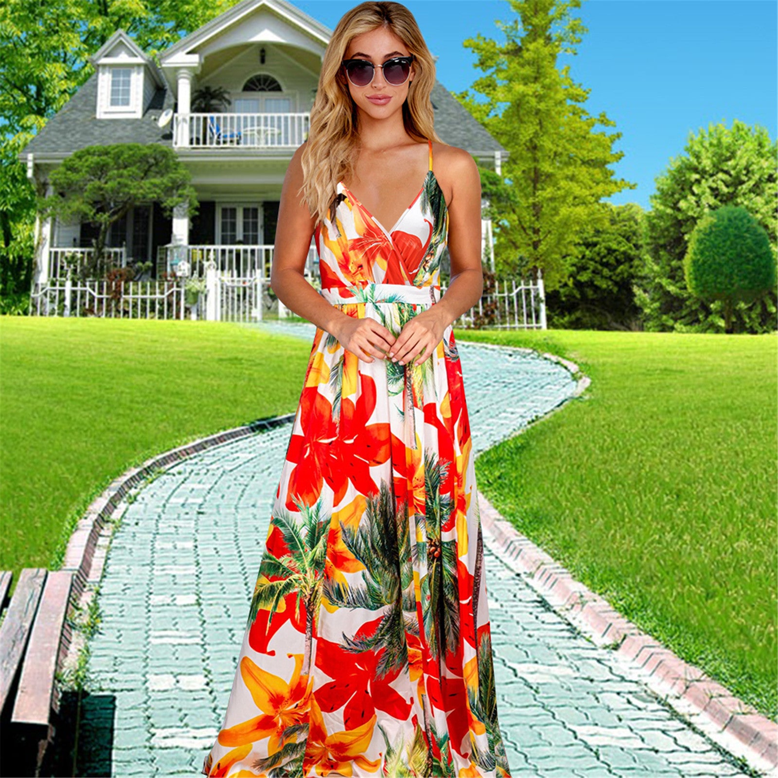 Casual Spaghetti Straps Tropical Boho Floral Print Backless Maxi Dress