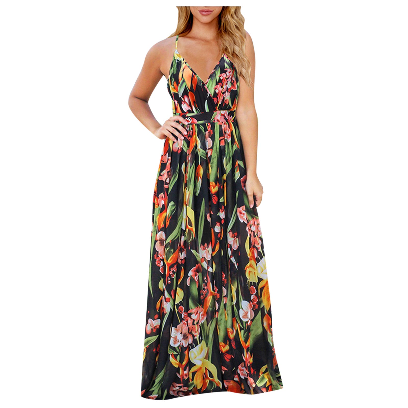 Casual Spaghetti Straps Tropical Boho Floral Print Backless Maxi Dress