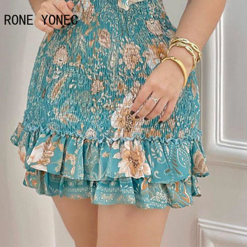 Deep V Neck Butterfly Sleeves A Line Button Floral Print Ruffle Hem Mini Dress