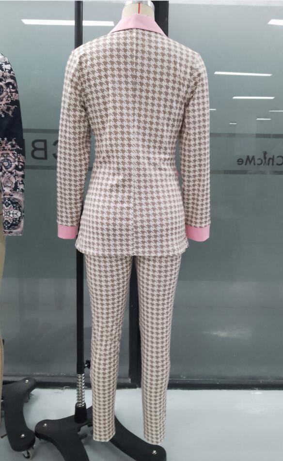 Chic Elegant Houndstooth Long Sleeve Waistband Ankle-Length Pants Spring Working Blazer Sets