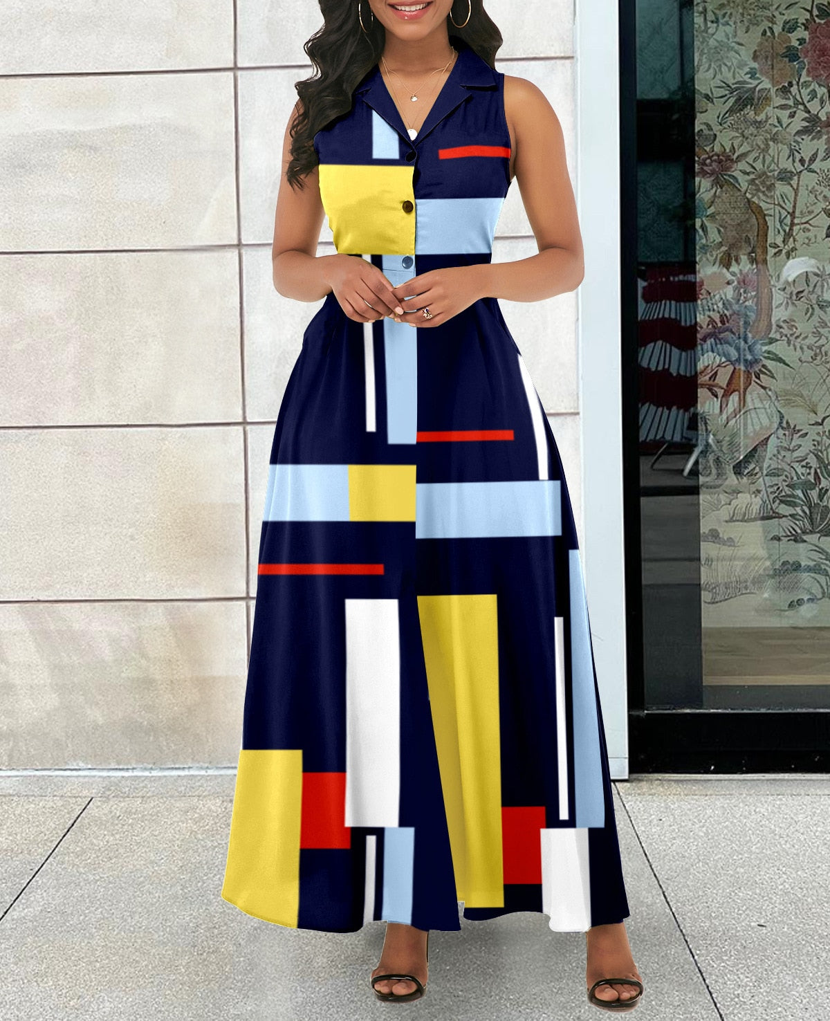 Elegant Geometric Printing V-neck Sleeveless Button Dress