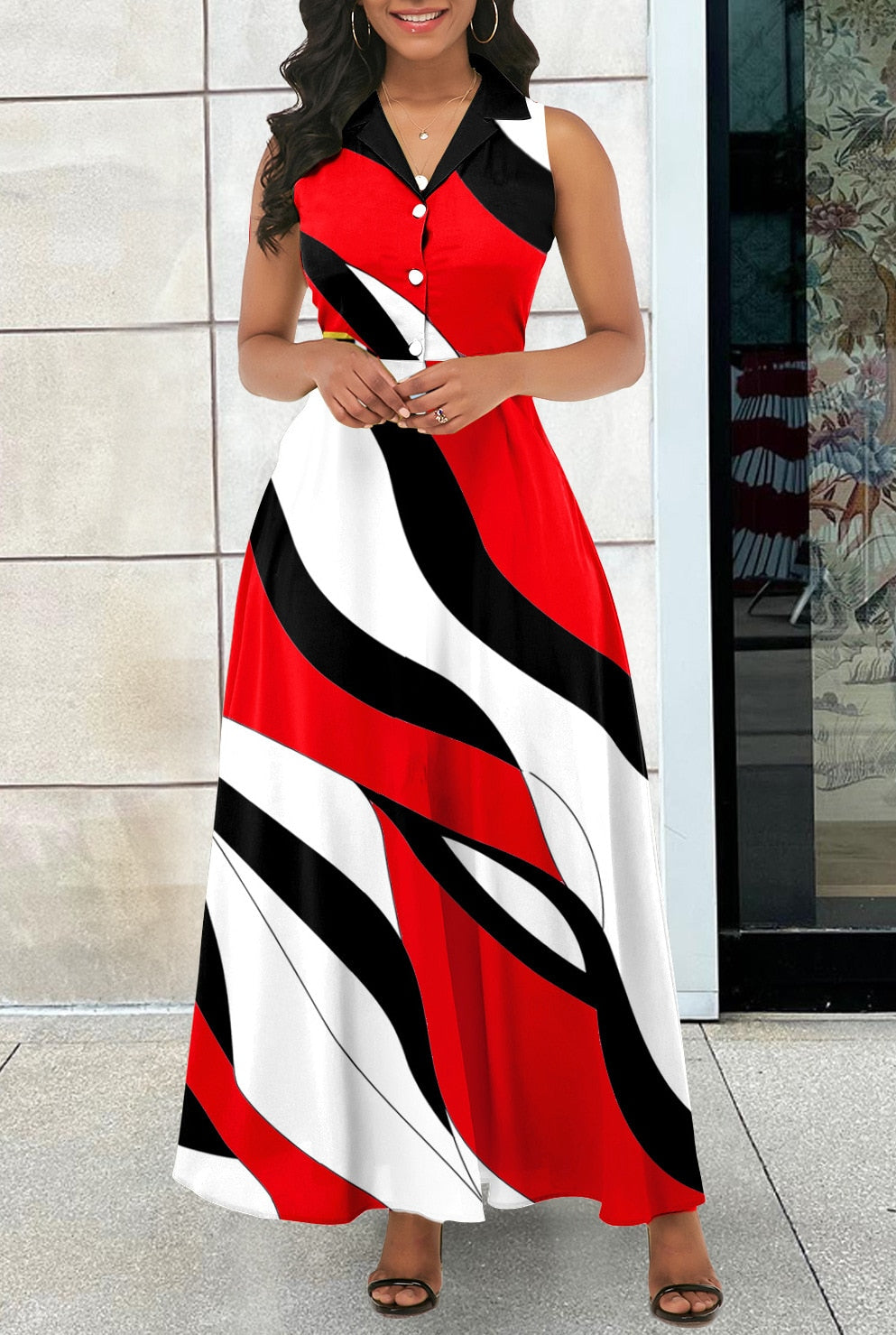 Elegant Geometric Printing V-neck Sleeveless Button Dress