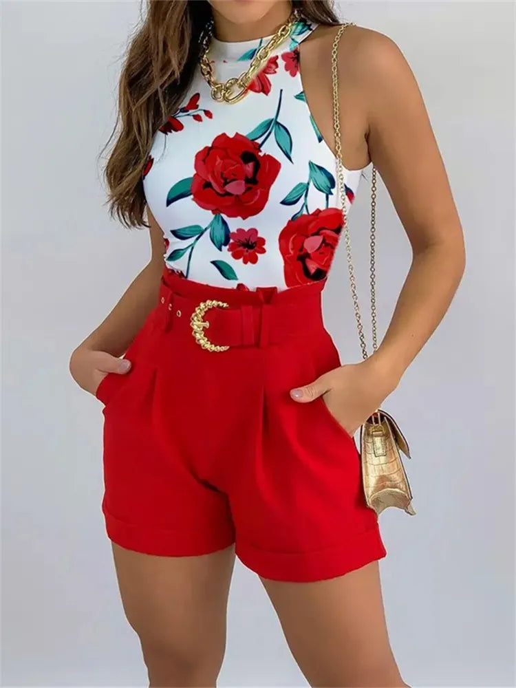 Sleeveless Floral Vest Shirts + Short Pants