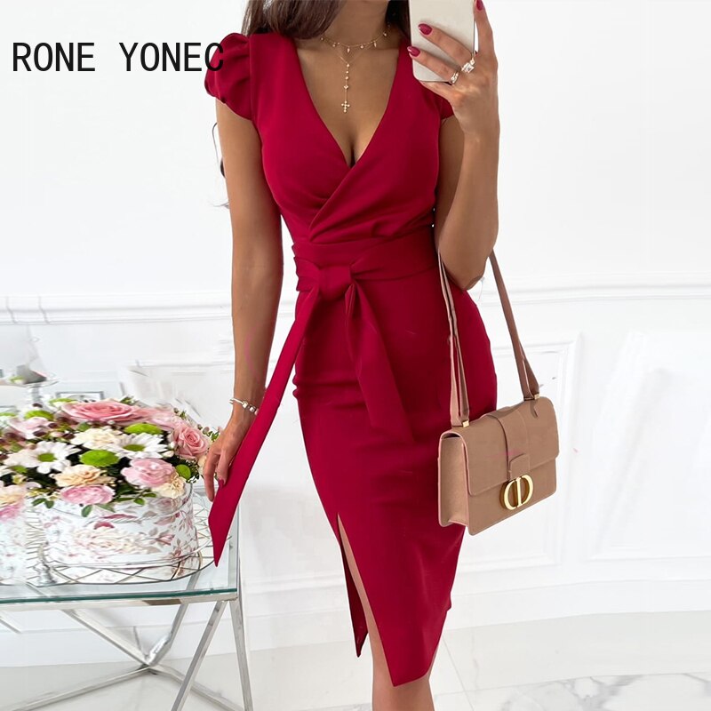 V-neck Puff Sleeve Tight Waist Dress