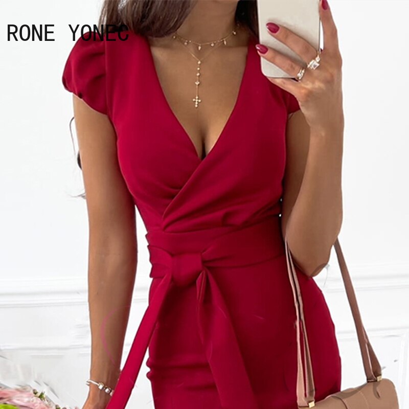 V-neck Puff Sleeve Tight Waist Dress
