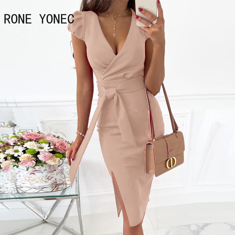 V-neck Puff Sleeve Tight Waist Dress