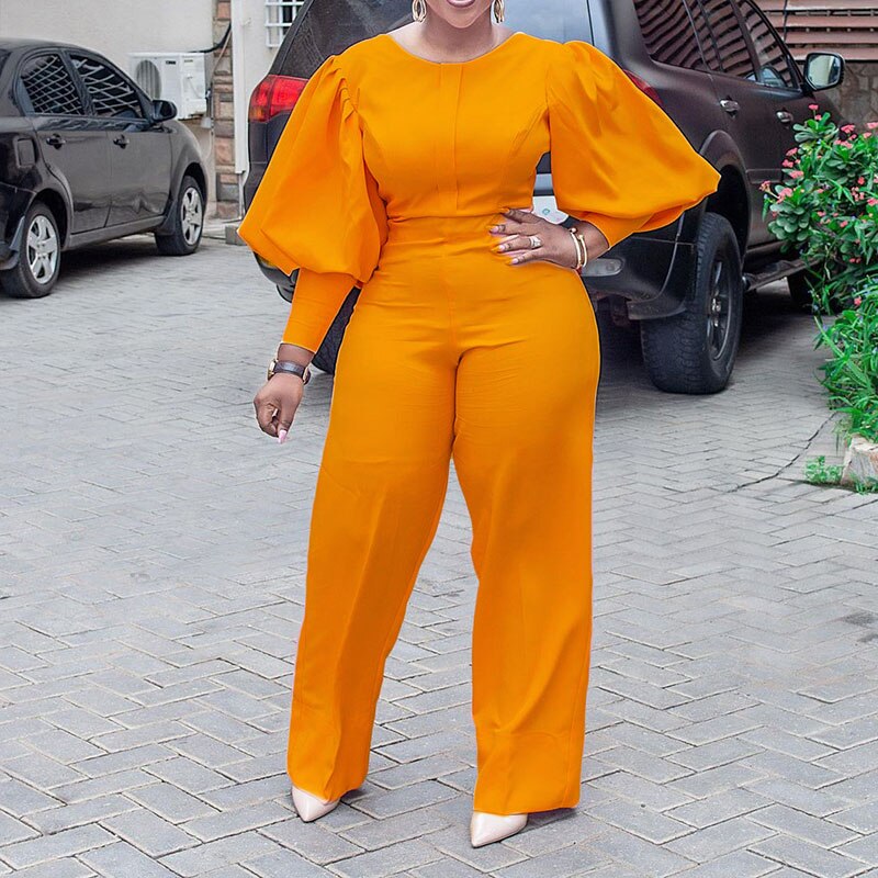 Puff Sleeve Solid Color O-Neck Straight  Jumpsuits