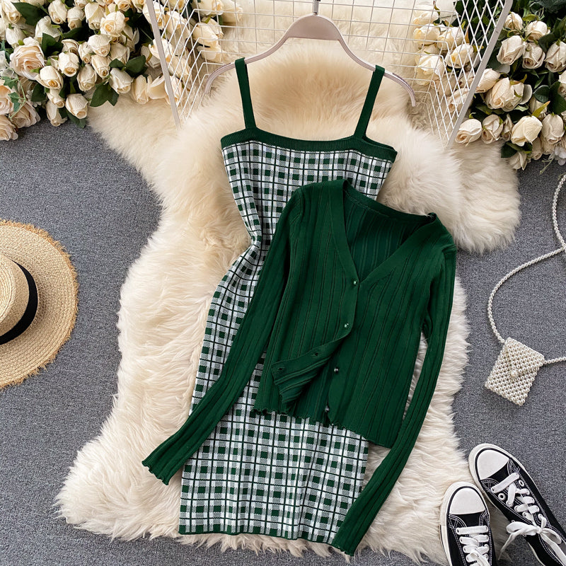 Spaghetti Strap Sleeveless Plaid Mini Bodycon Dress+Long Sleeve Sweater Cardigan