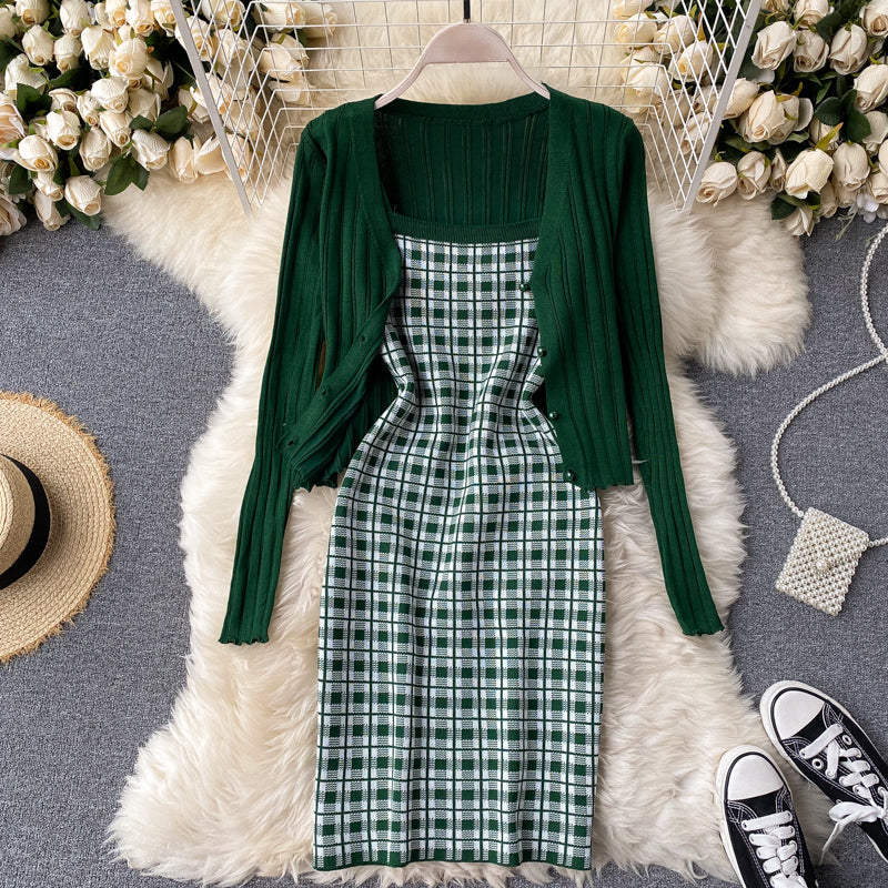 Spaghetti Strap Sleeveless Plaid Mini Bodycon Dress+Long Sleeve Sweater Cardigan