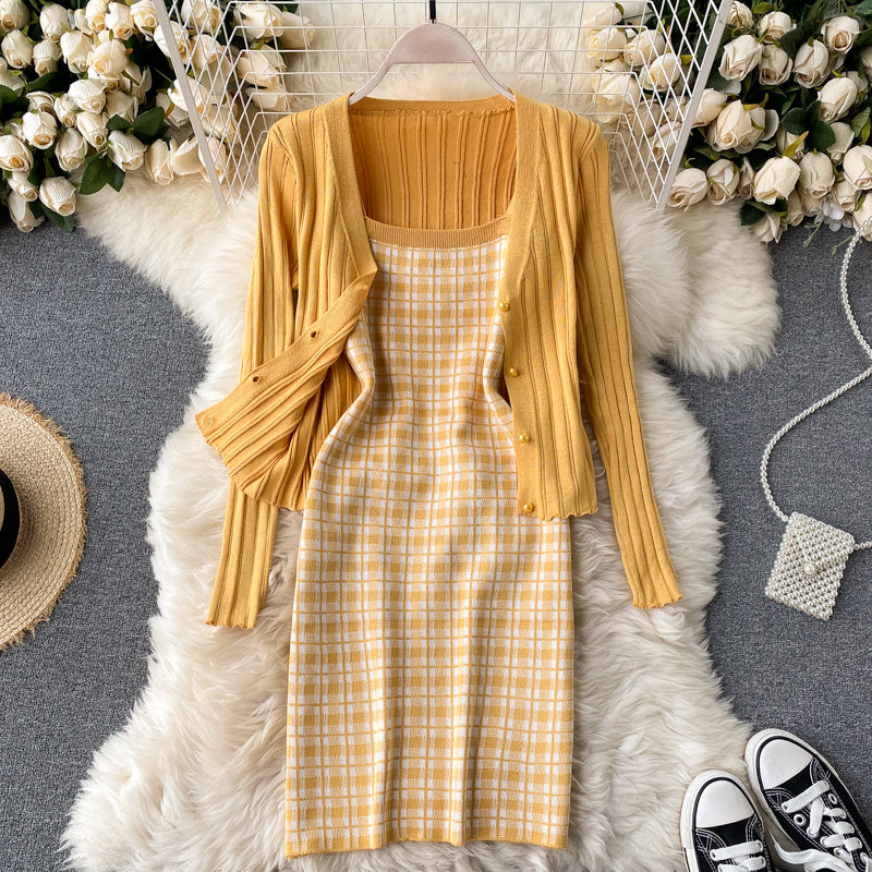 Spaghetti Strap Sleeveless Plaid Mini Bodycon Dress+Long Sleeve Sweater Cardigan