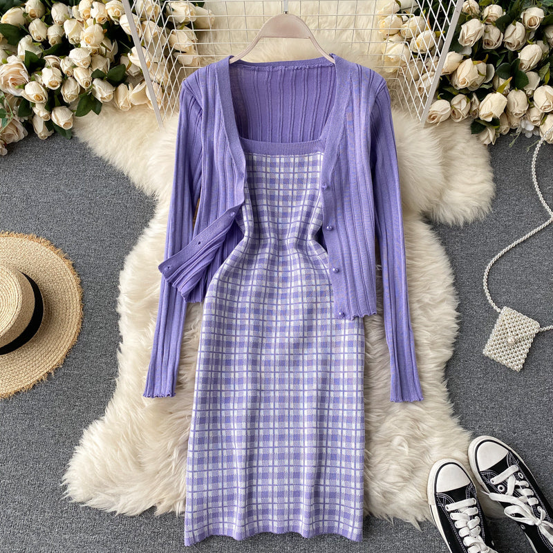 Spaghetti Strap Sleeveless Plaid Mini Bodycon Dress+Long Sleeve Sweater Cardigan