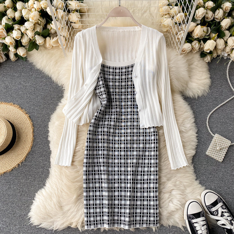 Spaghetti Strap Sleeveless Plaid Mini Bodycon Dress+Long Sleeve Sweater Cardigan