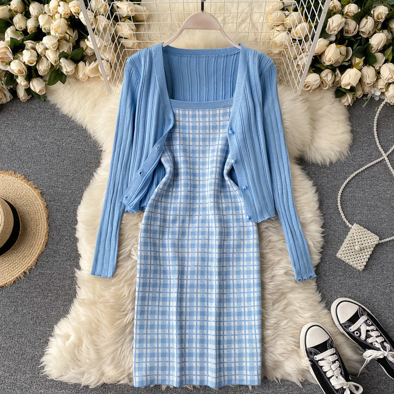 Spaghetti Strap Sleeveless Plaid Mini Bodycon Dress+Long Sleeve Sweater Cardigan