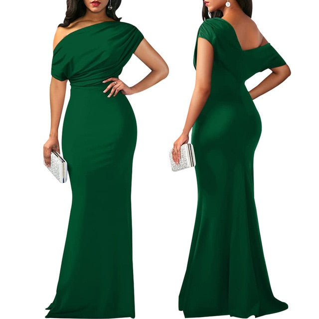 Oblique Shoulder Slim Folds Long Dress