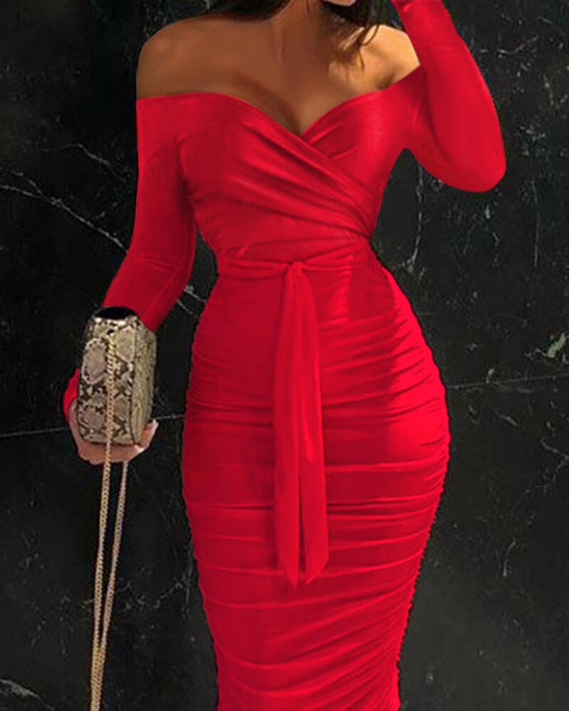 Off Shoulder Ruched Belted Bodycon Dress