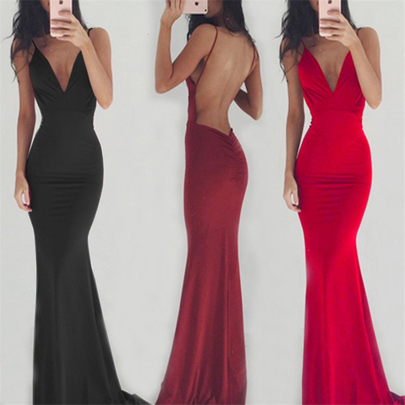 Sleeveless V-Neck Sexy Backless Elegant Floor-Length Evening  Gown