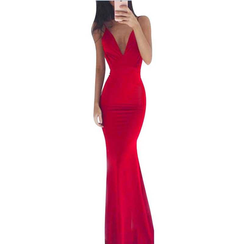 Sleeveless V-Neck Sexy Backless Elegant Floor-Length Evening  Gown