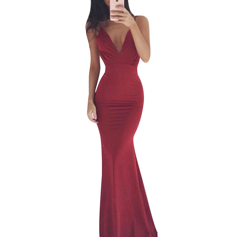 Sleeveless V-Neck Sexy Backless Elegant Floor-Length Evening  Gown