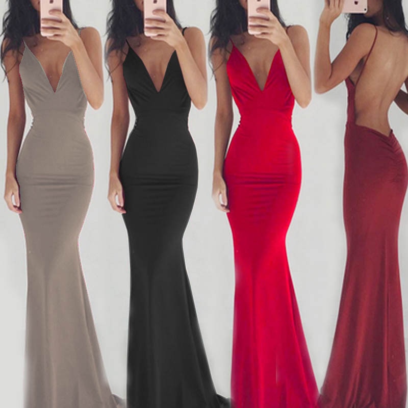 Sleeveless V-Neck Sexy Backless Elegant Floor-Length Evening  Gown