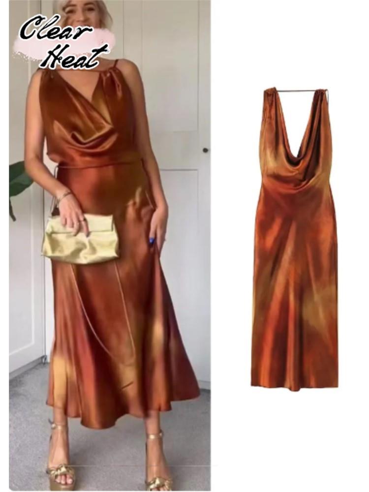 Women Print Satin Bodycon Sling Dress Elegant Sleeveless Backless Maxi Dresses 2023 Summer Female Chic Evening Party Vestidos