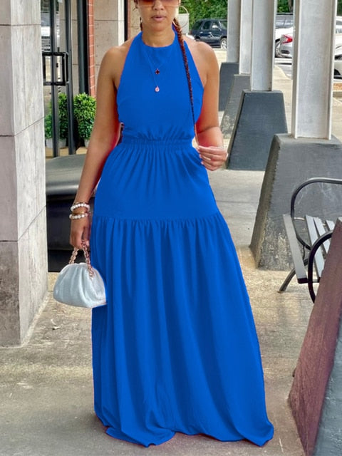 Women Sleeveless Halter Backless Maxi Dress