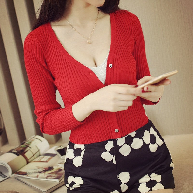 Slim V Neck Knitted Cardigan Long Sleeve Cropped Cardigan Sweaters