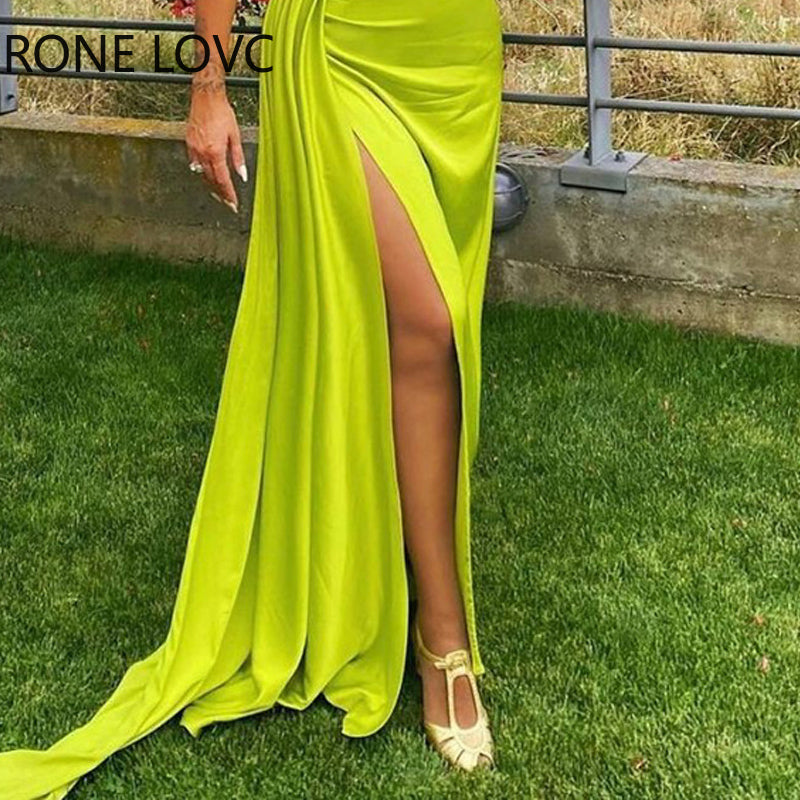 Solid Elegant Cami Cowl Neck High Silt Folds Maxi Dress