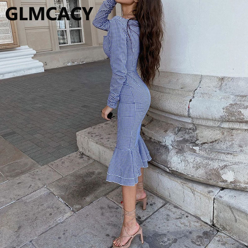Square Neck Long Sleeve Bodycon Midi Dress