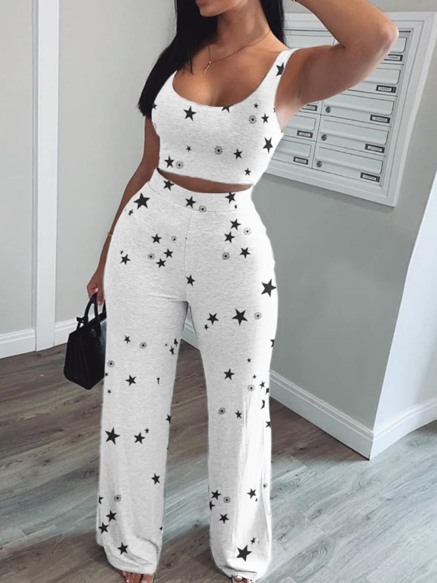 Star Print Crop Short Tank Top & Long Pants Set