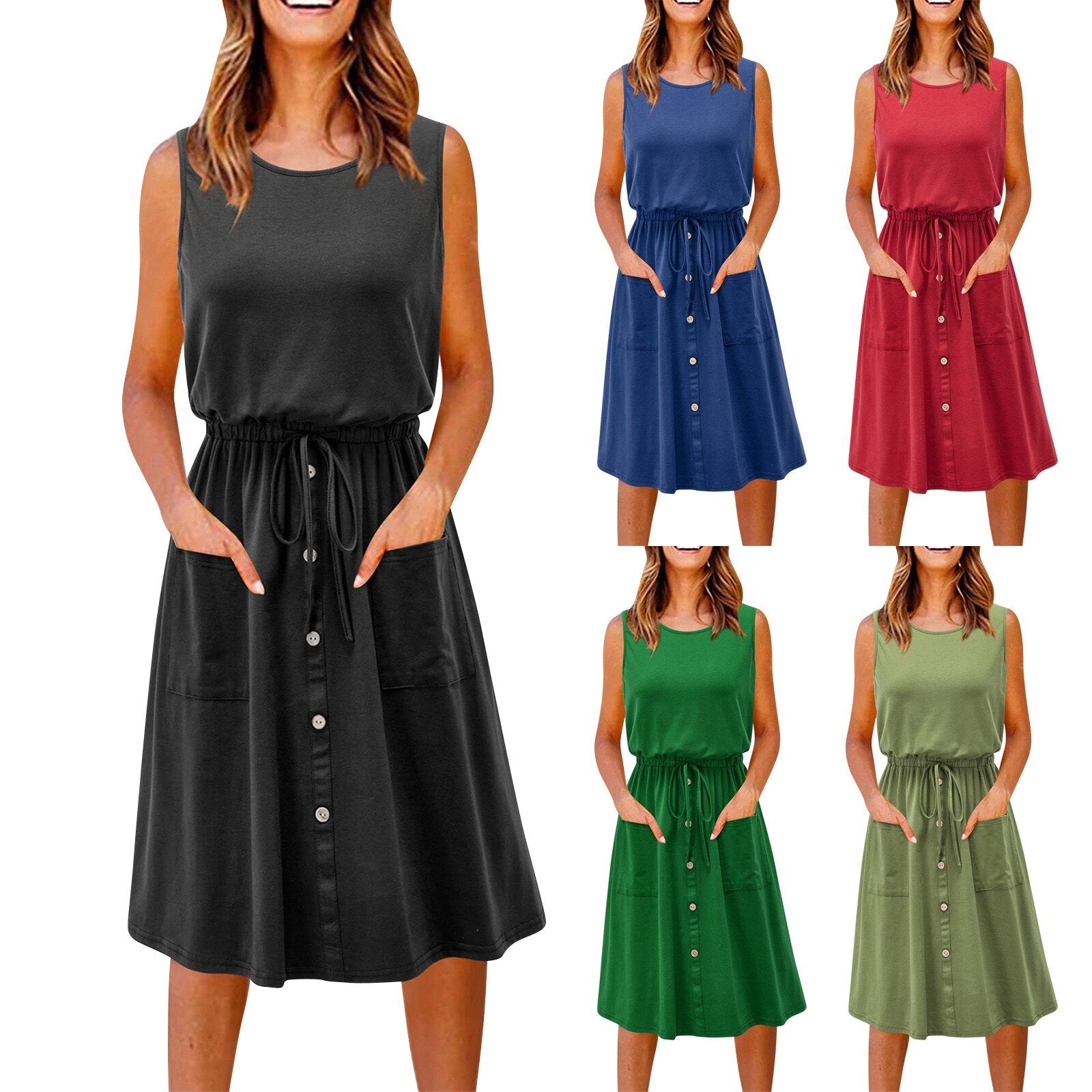 Summer Solid Color Club A-line Drawstring Sleeveless Slim Dress