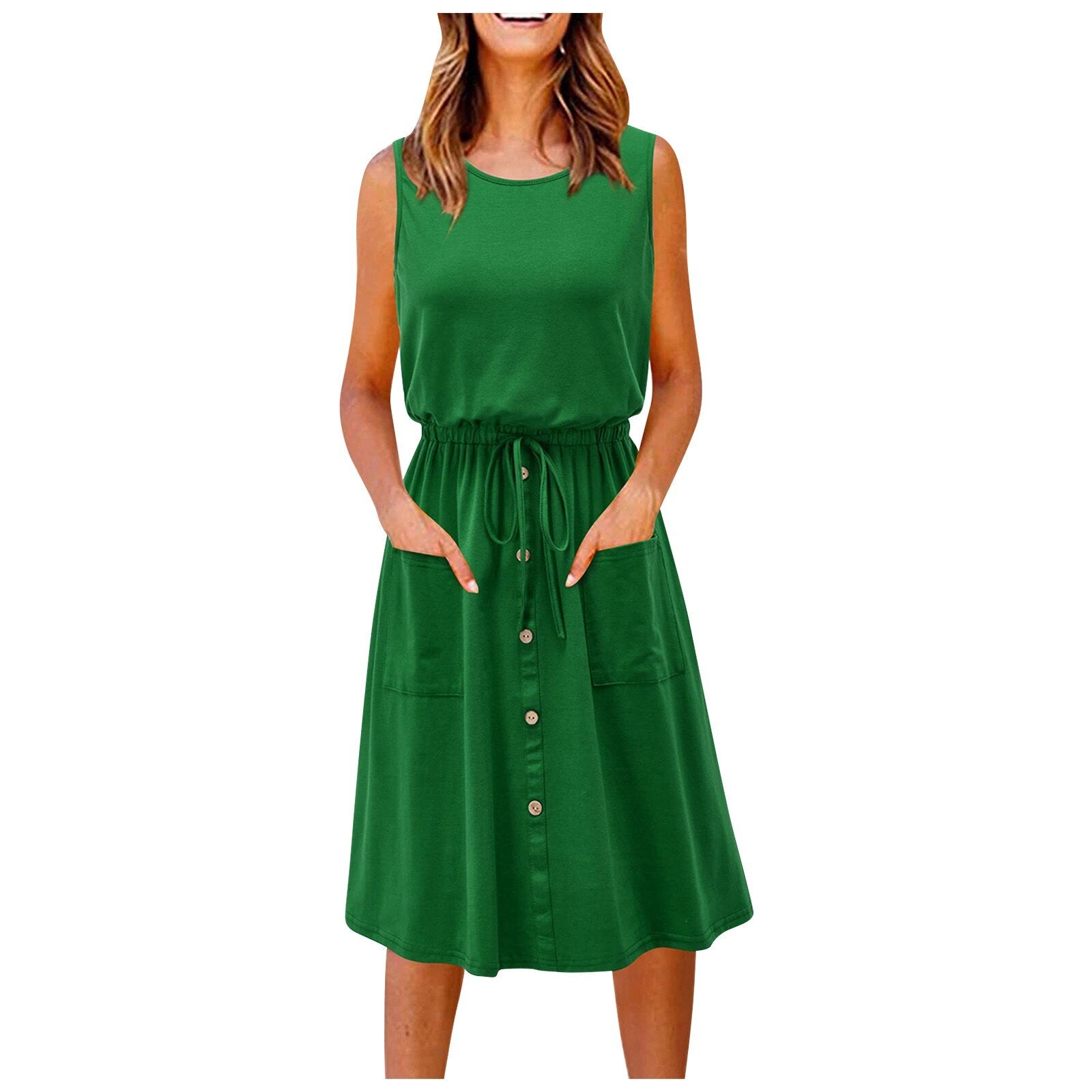 Summer Solid Color Club A-line Drawstring Sleeveless Slim Dress