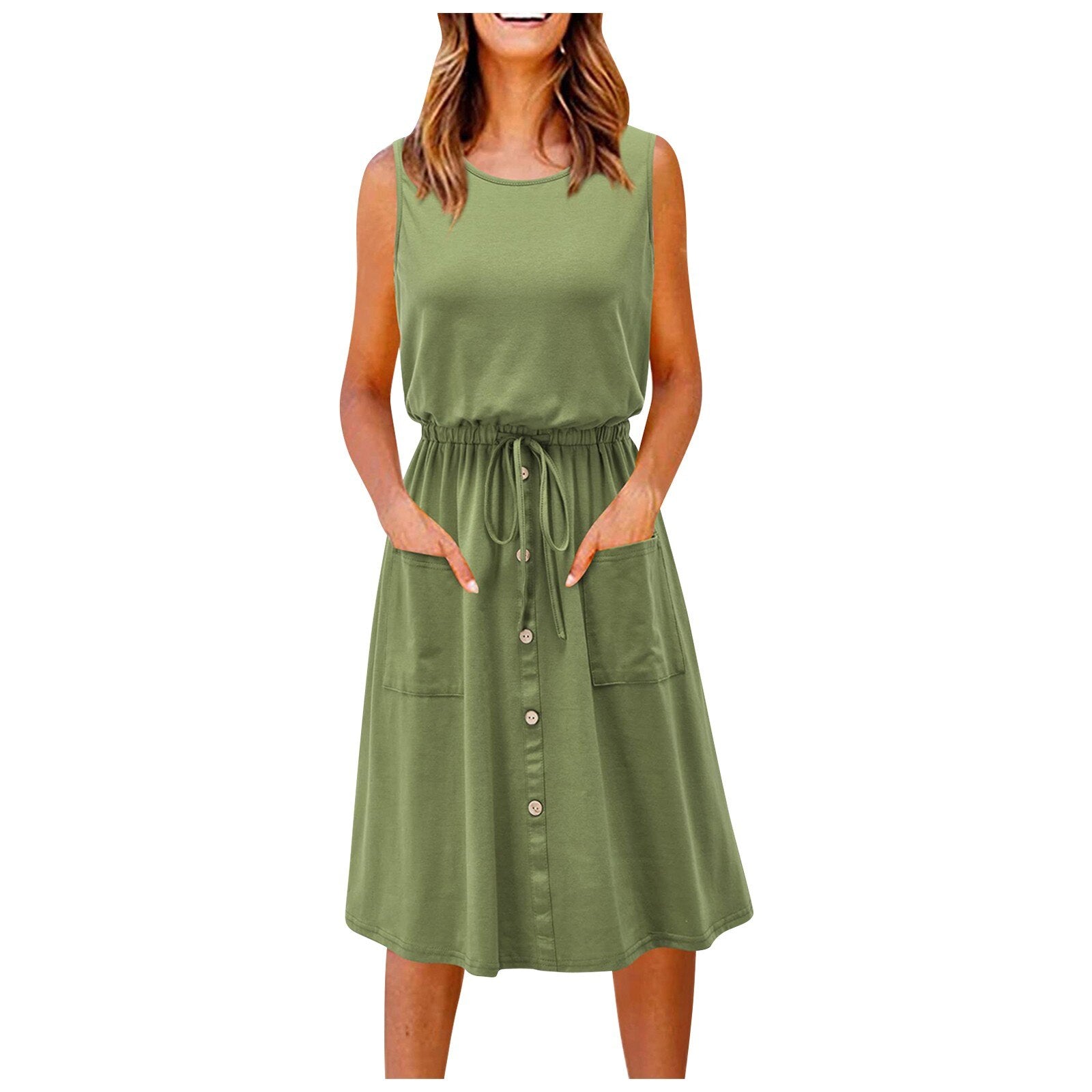 Summer Solid Color Club A-line Drawstring Sleeveless Slim Dress