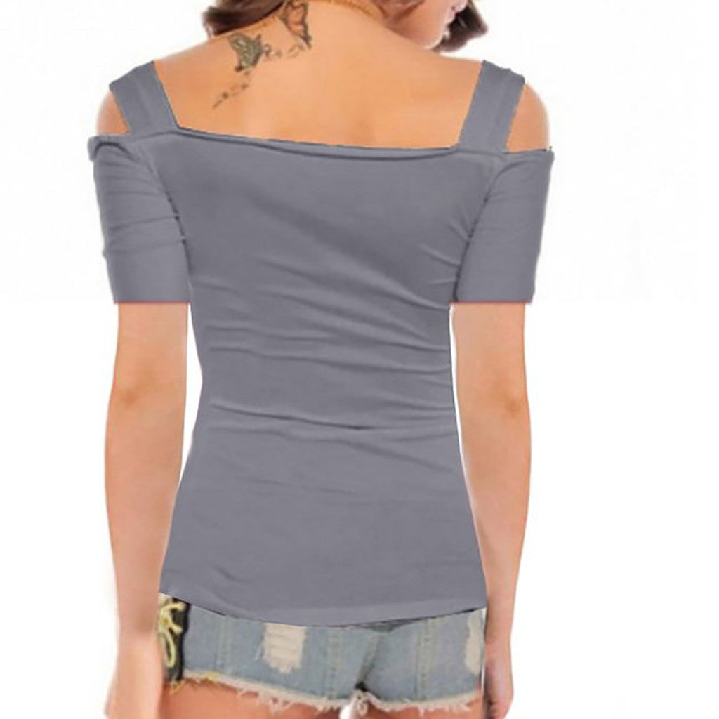 Solid Off Shoulder Metal Buckle Strap Short Sleeve Tops