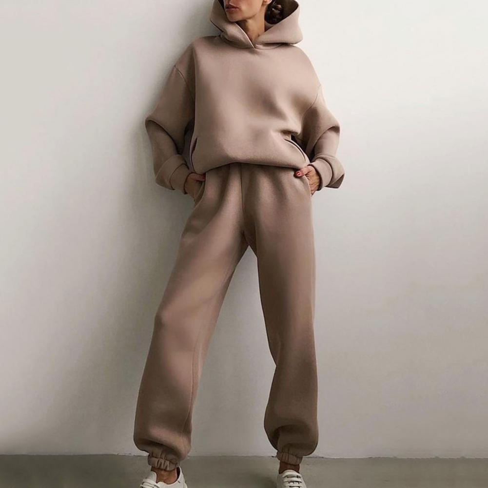 Long Sleeve Sweatshirt Warm Solid Color Hoodie Pants Two-piece Set