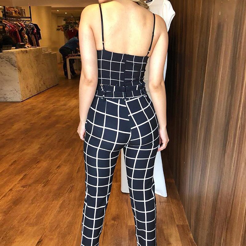 Summer Short Sleeveless Grid Plunge V-neck Wrapped Plaid Cami Top and High Waist Ankle-length Pants