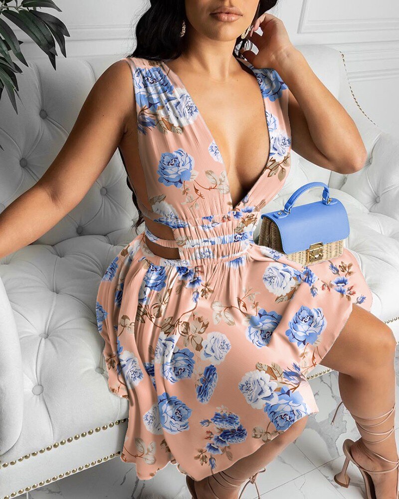V Neck Sleeveless Cutout Waist Plunge Dress