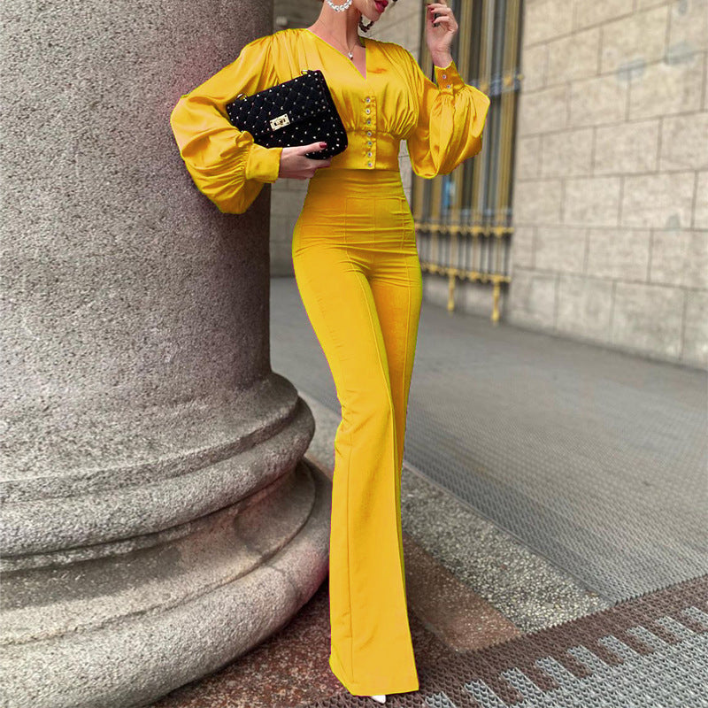 Vintage Puff Sleeve V-Neck Blouses And Flared Pants Sets For Office