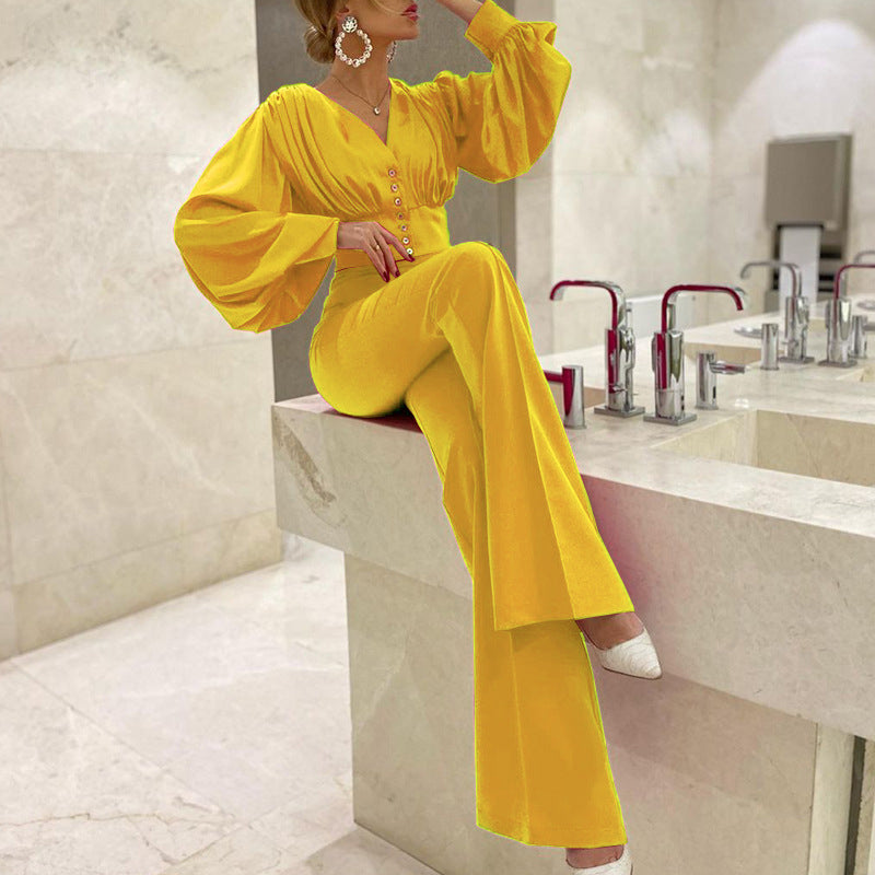 Vintage Puff Sleeve V-Neck Blouses And Flared Pants Sets For Office