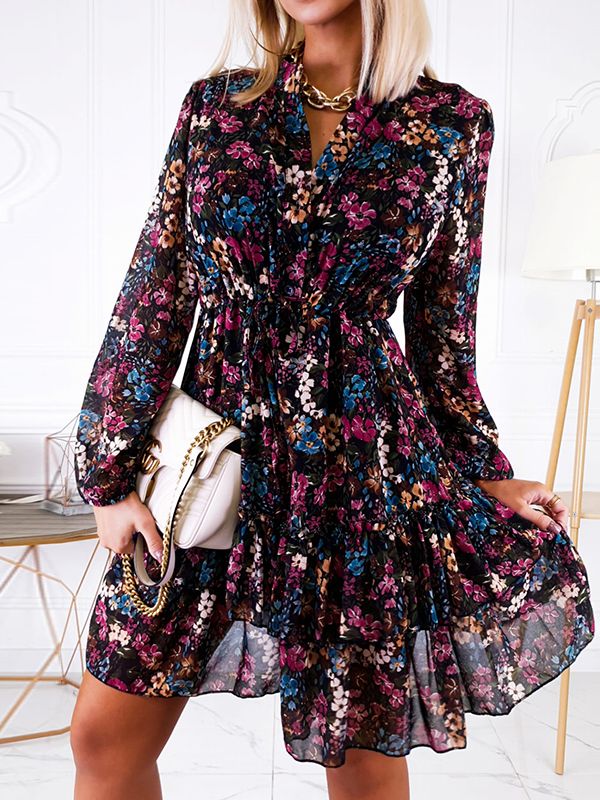 Autumn/Spring  Chiffon Long Sleeve Vintage Ruffles Floral Print Dress