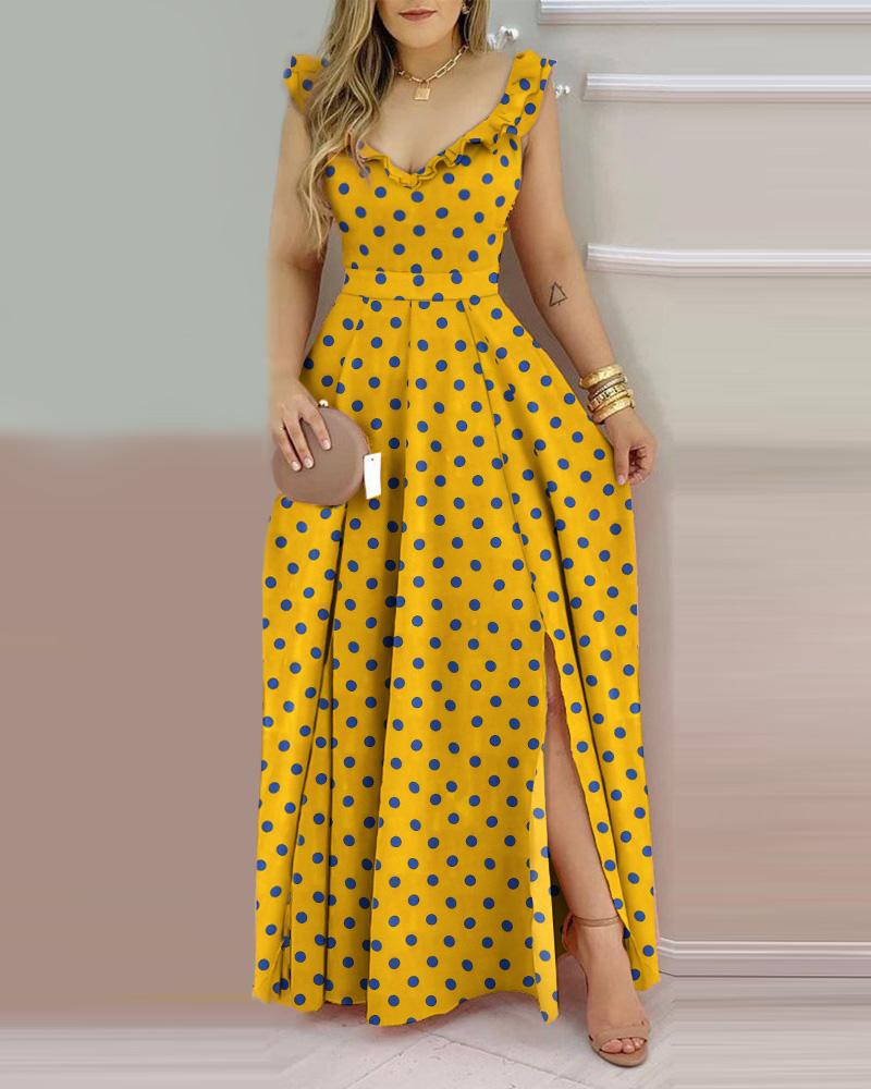 Yellow Ruffles Polka Dot Print Side Slit High Waist Maxi Dress