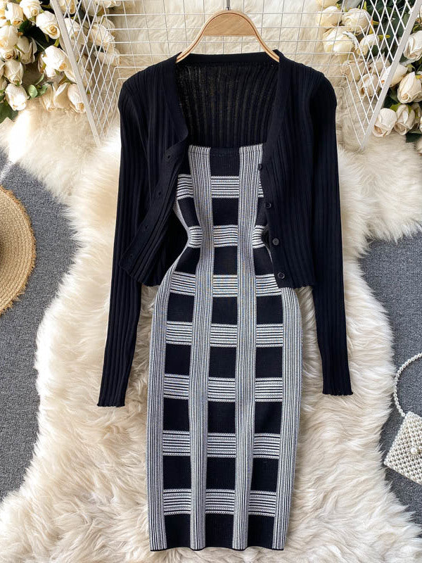 Plaid Print Spaghetti Strap Bodycon Mini Dress and Long Sleeve knit Cardigan
