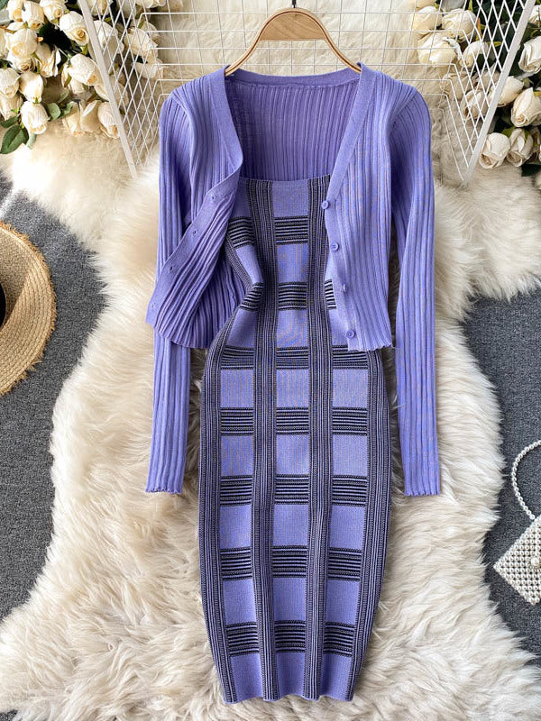 Plaid Print Spaghetti Strap Bodycon Mini Dress and Long Sleeve knit Cardigan
