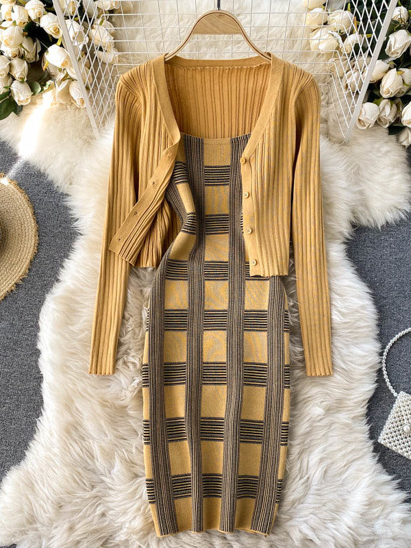 Plaid Print Spaghetti Strap Bodycon Mini Dress and Long Sleeve knit Cardigan
