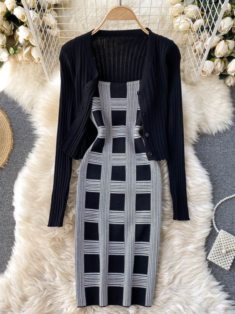 Plaid Print Spaghetti Strap Bodycon Mini Dress and Long Sleeve knit Cardigan